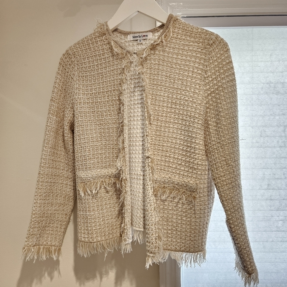 More in Love tweed cardigan with hook closure in beige size small